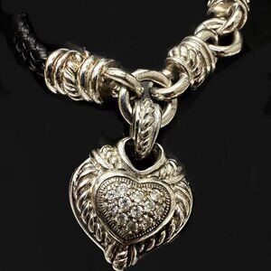 Signed Judith RIPKA Heart Charm Leather Bracelet Diamonique Magnetic clasp